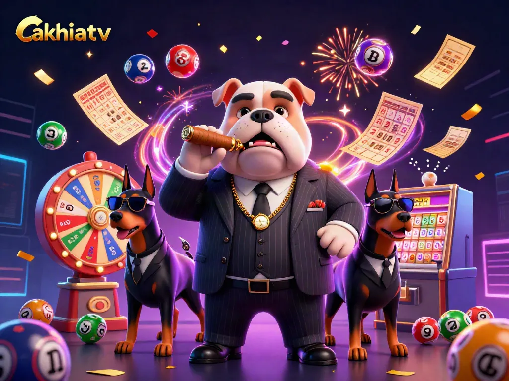 Cakhiatv engages players with a dynamic 3D illustration featuring a mafia boss bulldog and dynamic lottery elements.