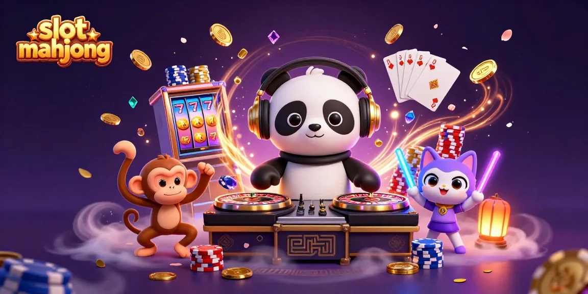Experience the excitement of slot mahjong with a vibrant 3D scene featuring a DJ panda, dancing monkey, and glowing kitten.
