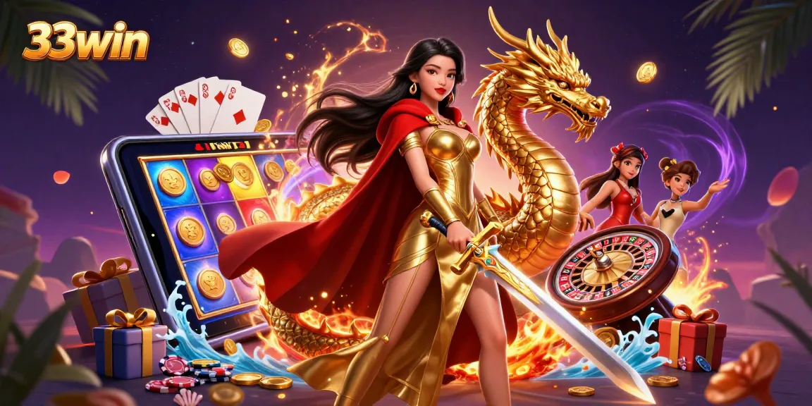 Experience thrilling bets with 33win's dramatic gaming illustration filled with vibrant casino elements.