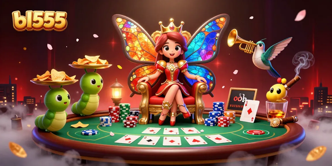 Engage with bl555 as the butterfly queen presides over a vibrant poker scene filled with chips and cards.