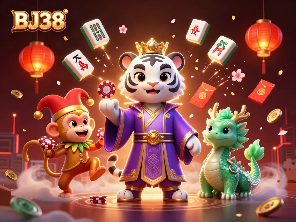 Engage with BJ38 casino strategies featuring animated tiger, monkey juggling chips, and lively gaming elements.