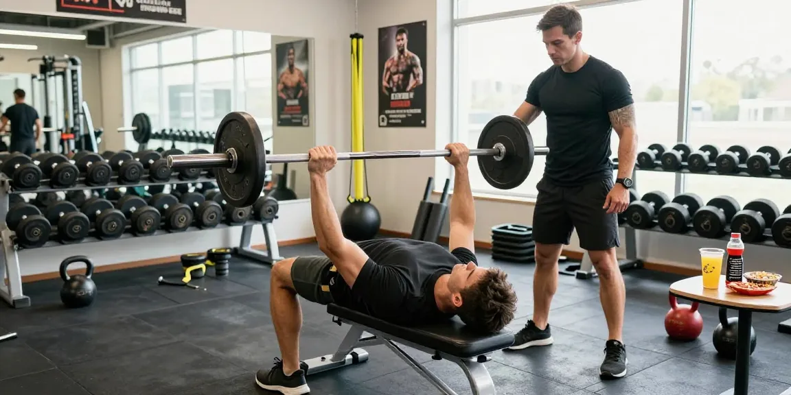 Anabolika Shop: Fitnesstrainer unterstützt beim Bankdrücken in modernem Gym mit viel Licht.