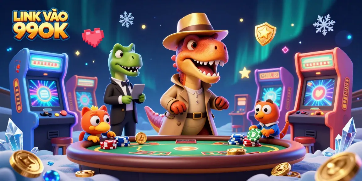 Experience thrilling gameplay with LINK VÀO 99OK showcasing cartoon dinosaurs in a vibrant casino scene.