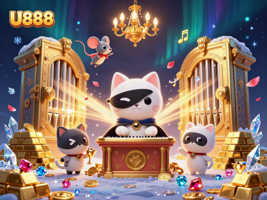 Experience the excitement at U888 casino with a captivating illustration of whimsical characters and treasures.