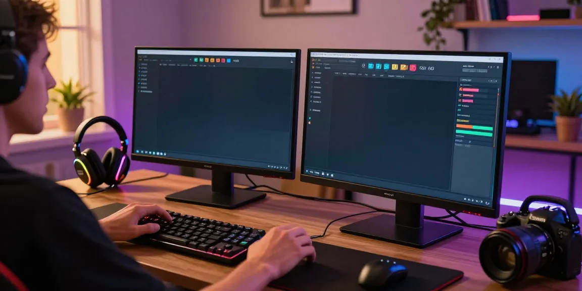 Engaged player using amanahtoto online Togel platform on dual monitors, vibrant gaming atmosphere.