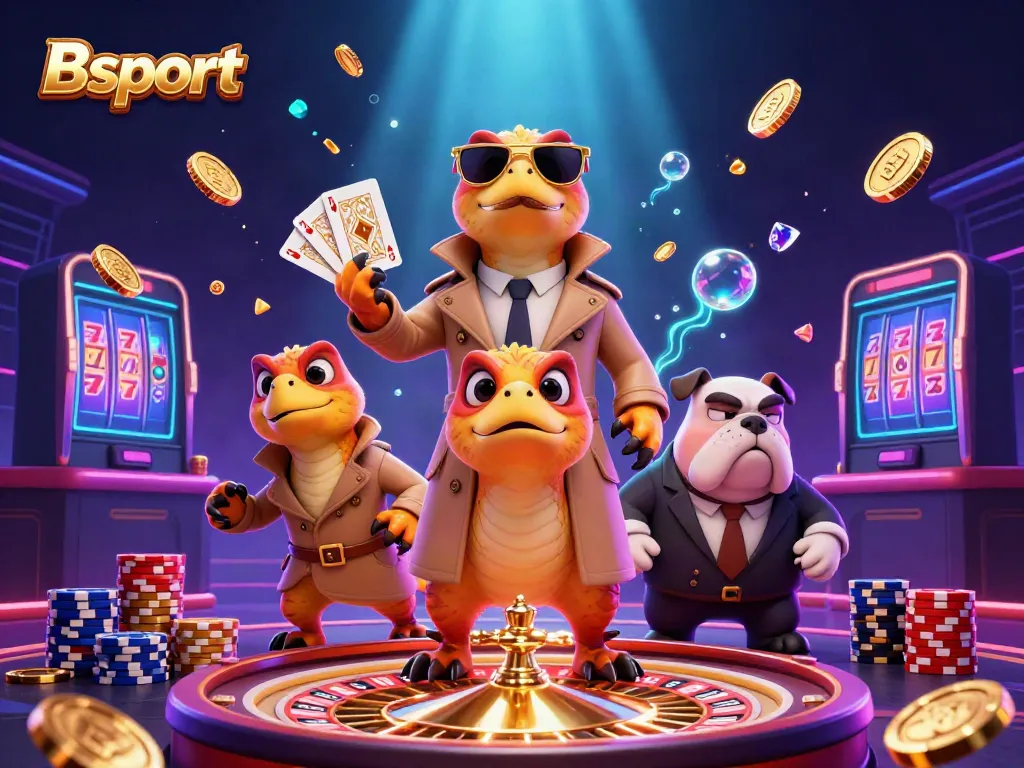 Bsport casino scene with raptors in disguise, flying coins, and a bouncer, showcasing gambling excitement.