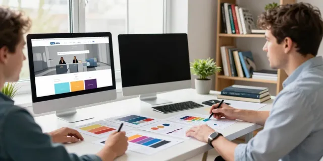 Webdesign Saarland: Kreativraum mit Designer und Klient bei der Website-Entwicklung.