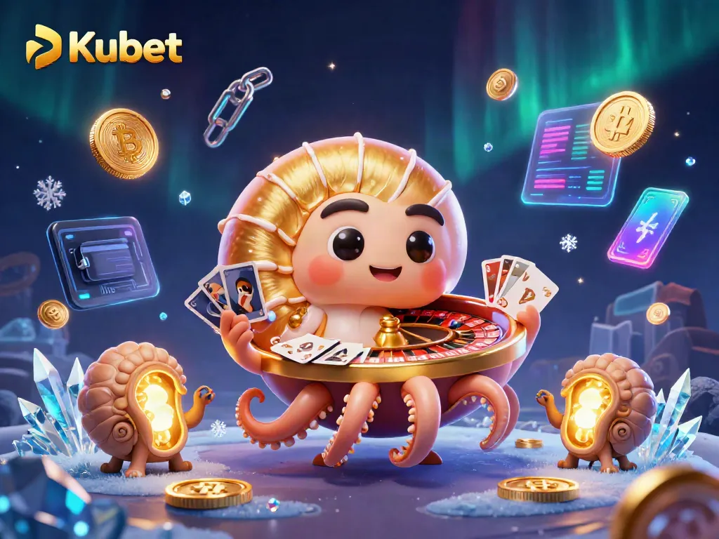 Experience Kubet's dynamic casino realm with a 3D nautilus roulette wheel and glowing NFTs.