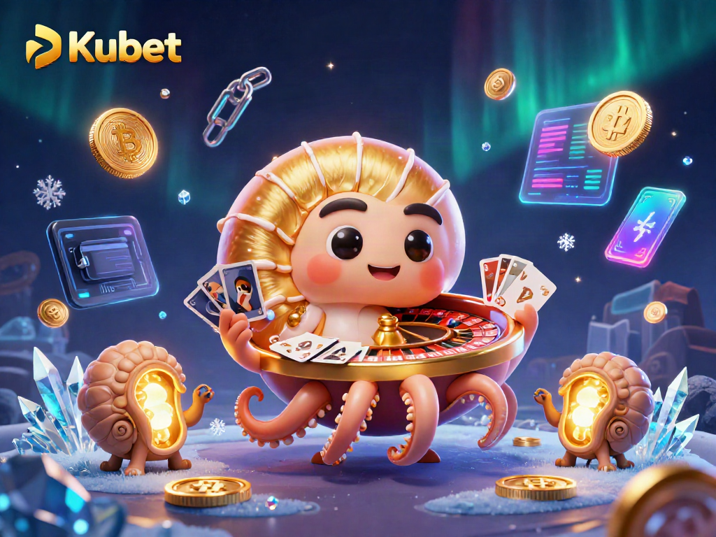 Experience Kubet's dynamic casino realm with a 3D nautilus roulette wheel and glowing NFTs.