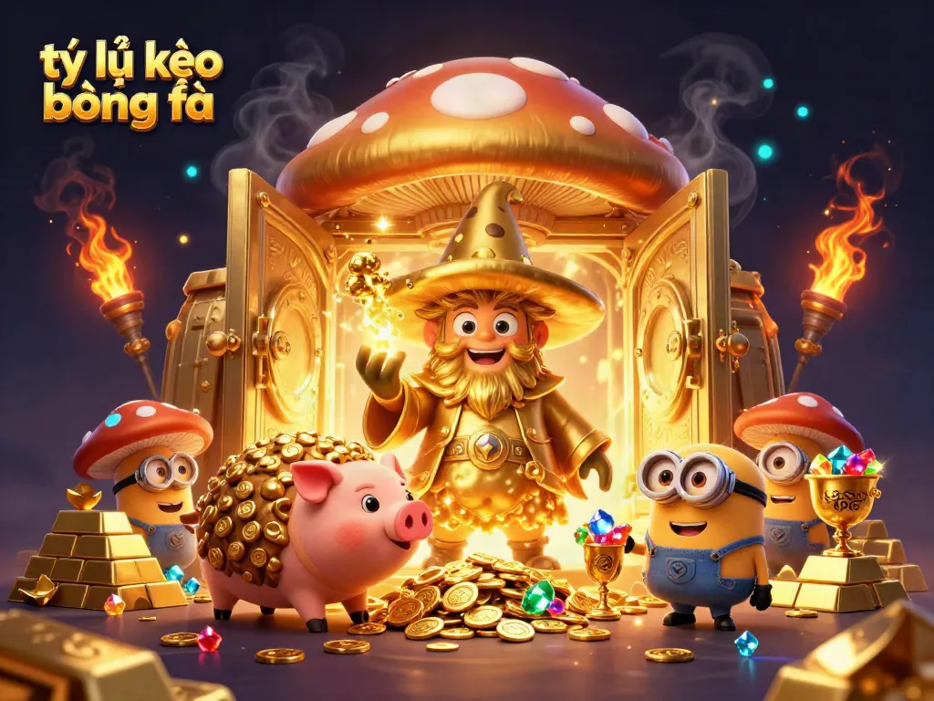 Engage with tỷ lệ kèo bóng đá in a vibrant, treasure-filled magical scene featuring a wizard and creatures