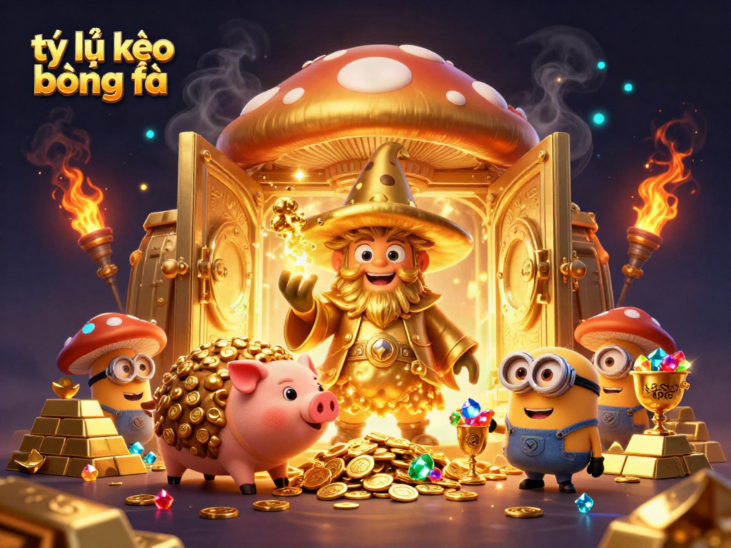 Engage with tỷ lệ kèo bóng đá in a vibrant, treasure-filled magical scene featuring a wizard and creatures