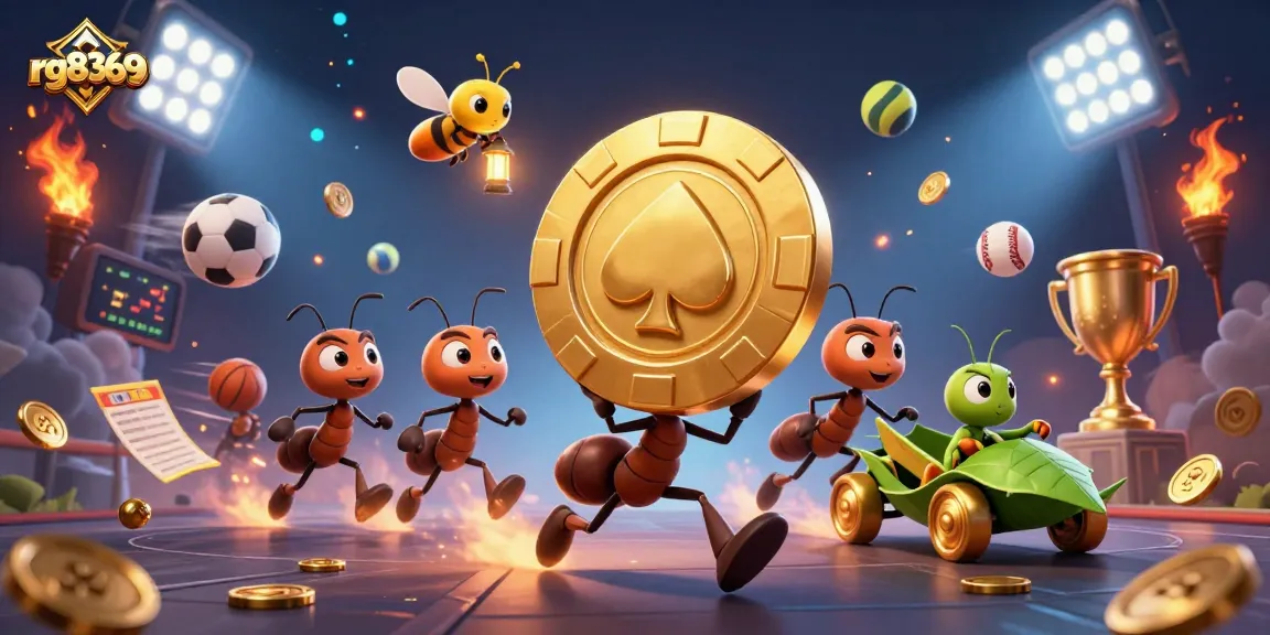 Experience thrilling gameplay at rg8369 as ants execute a heist with a giant poker chip amidst dynamic casino elements.