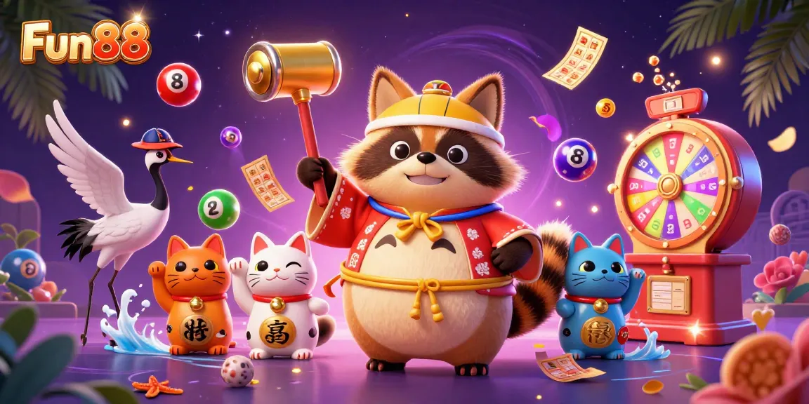 Fun88 lottery activities highlighted by a cheerful tanuki, filled with vibrant game elements and festive symbols.