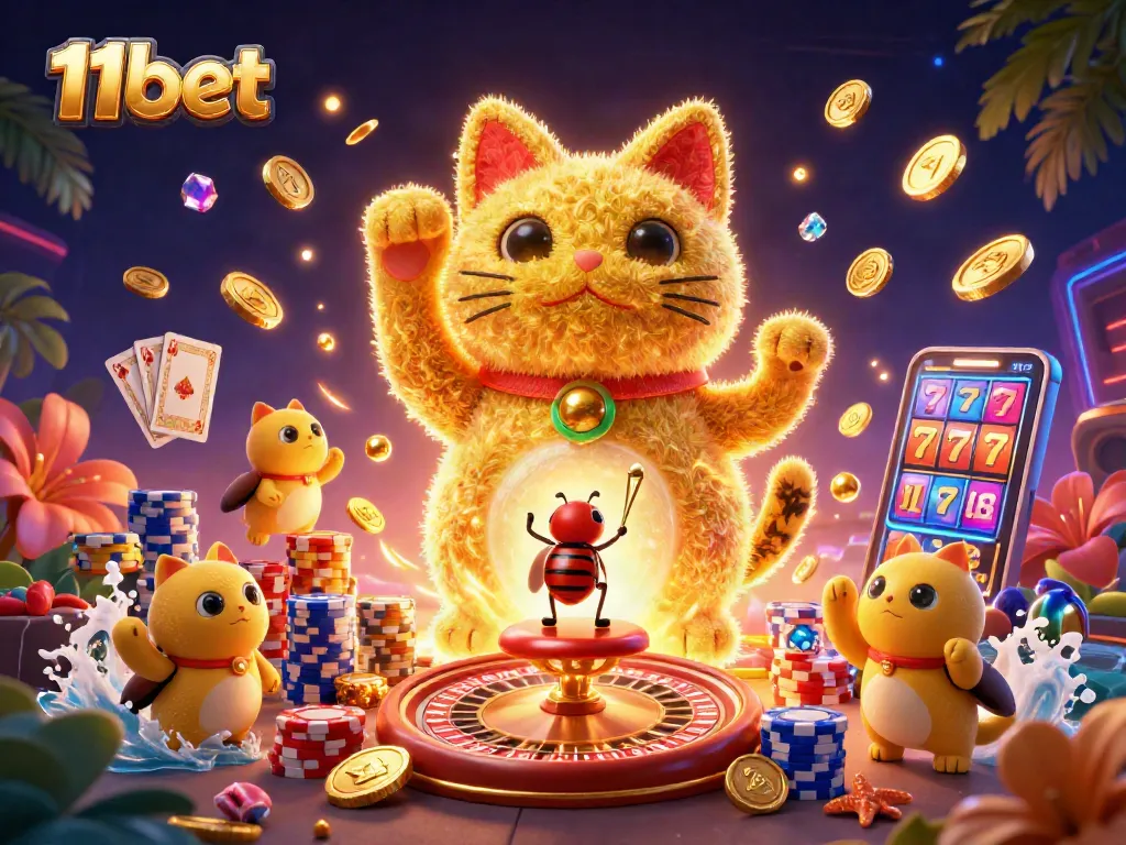 Experience thrilling adventures at 11bet with dynamic casino symbols and a captivating lucky cat design.