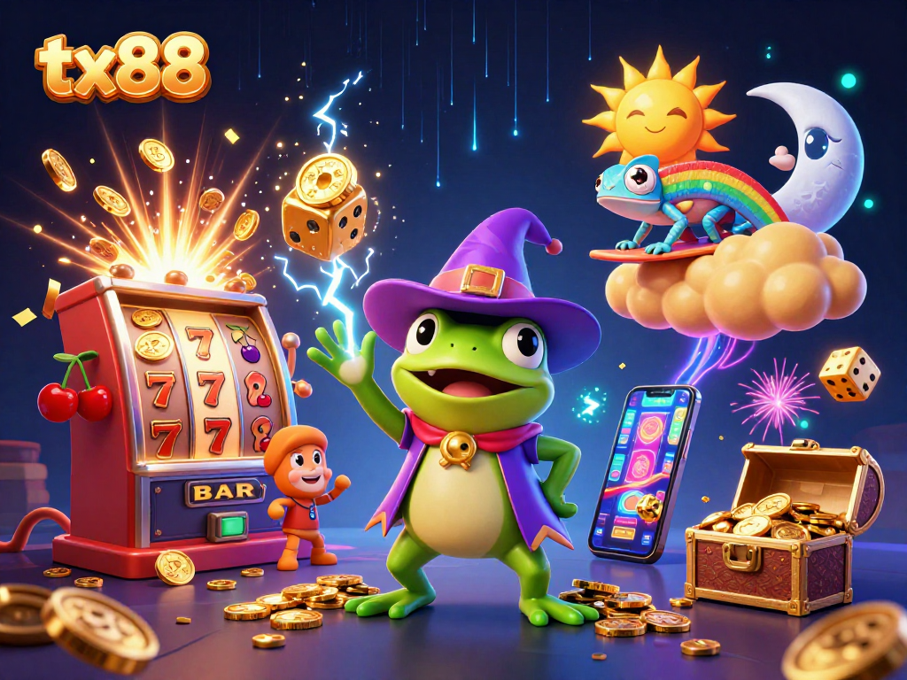 Experience the magic of tx88 with a vibrant casino scene filled with golden coins and dynamic characters.
