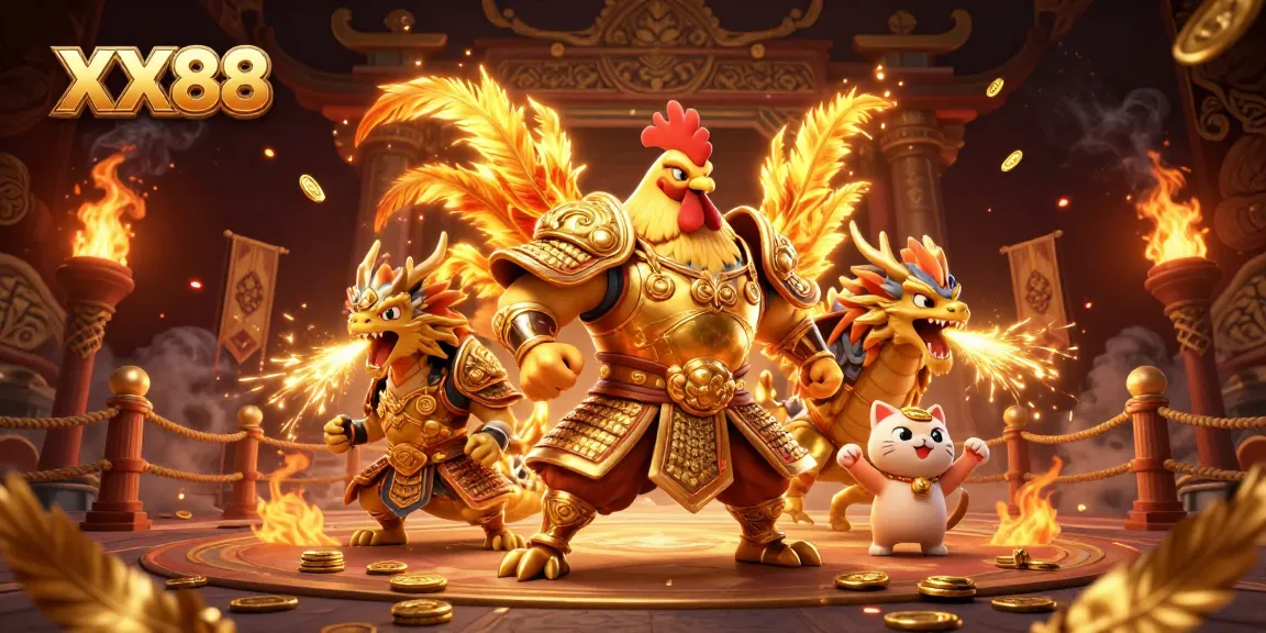 Engage in thrilling battles at XX88 casino with a golden rooster and dragon amidst sparks and coins.