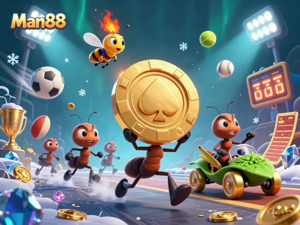 Engage in thrilling bets with Man88 as ants rush to deliver golden chips amidst a dynamic casino heist scene.