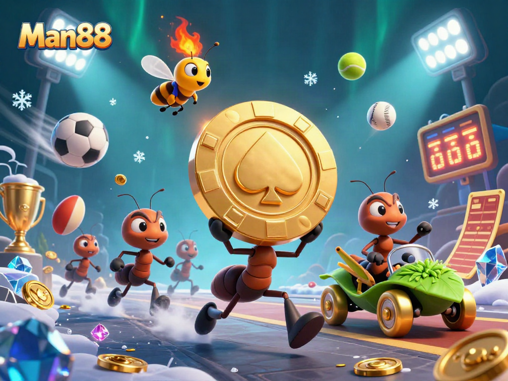 Engage in thrilling bets with Man88 as ants rush to deliver golden chips amidst a dynamic casino heist scene.