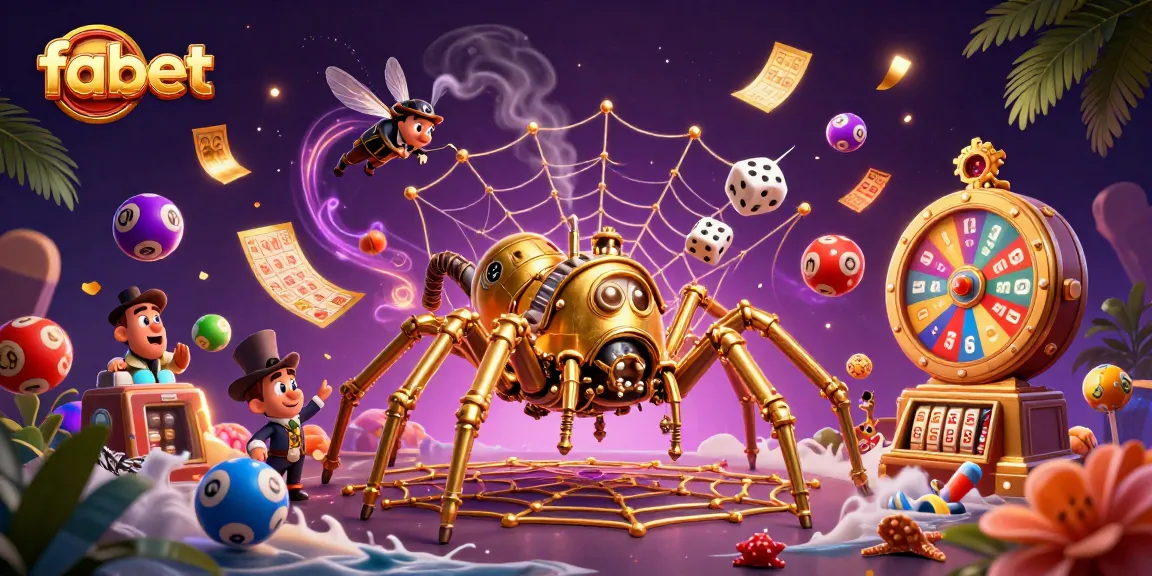 Experience stunning gaming action with fabet, a steampunk spider catching dice amidst a vibrant casino scene.
