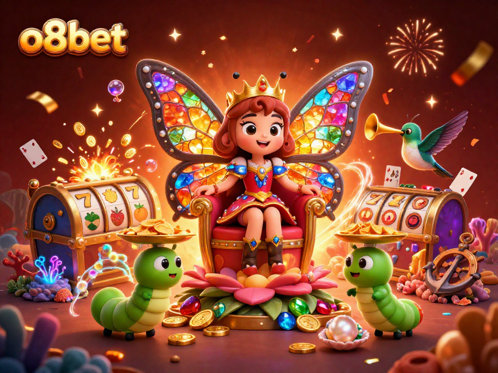 Experience the vibrant world of o8bet with stacked slots and colorful casino elements in a magical scene.