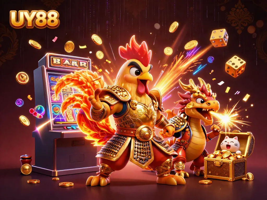 Experience thrilling UY88 gaming with vibrant characters and explosive casino elements.