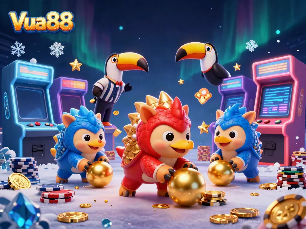 Vua88 features rival pangolins in vibrant armor rolling gold balls, creating a dynamic casino scene.