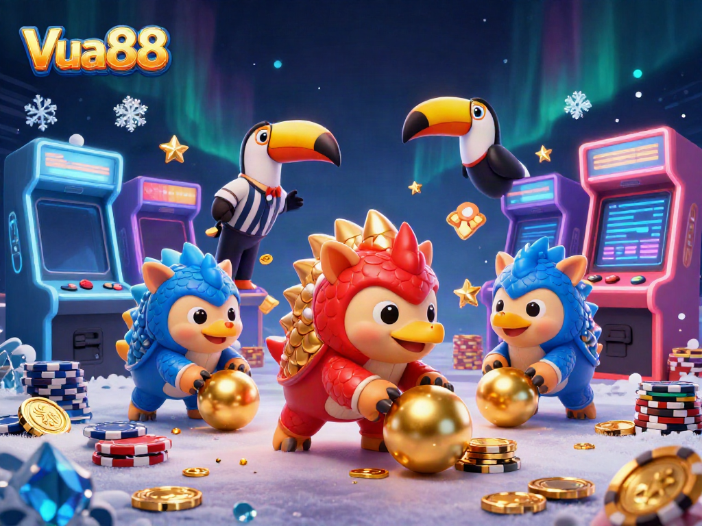 Vua88 features rival pangolins in vibrant armor rolling gold balls, creating a dynamic casino scene.