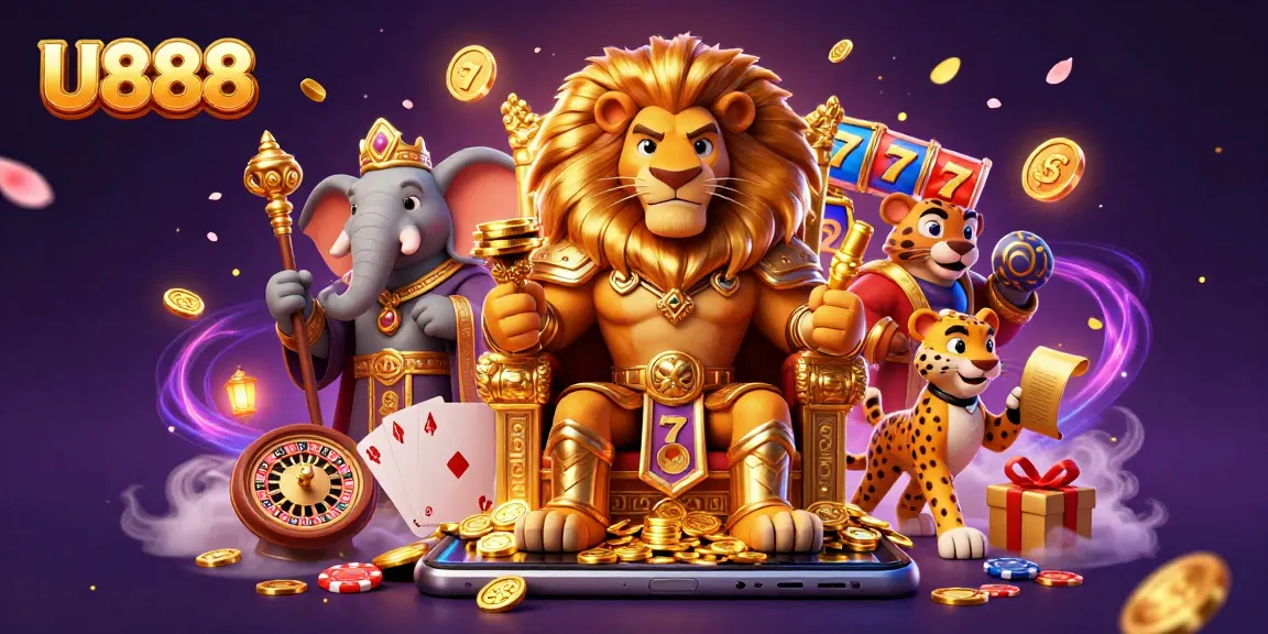 Experience thrilling slots at U888 with dynamic characters and vibrant game elements in a casino-themed illustration.