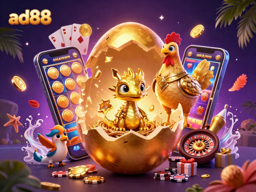 Play exciting games at ad88 with golden dragon and colorful casino elements in a dynamic scene.