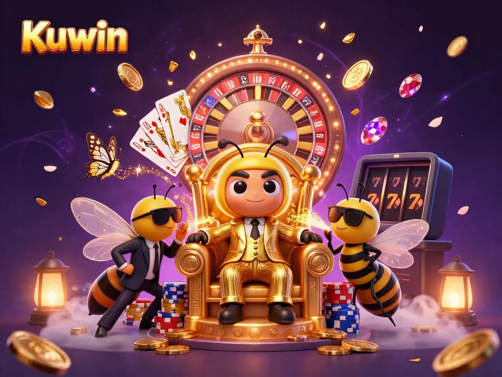 Kuwin's thrilling casino scene featuring a cartoon bumblebee mob boss amidst golden coins, gems, and a spinning roulette wheel.