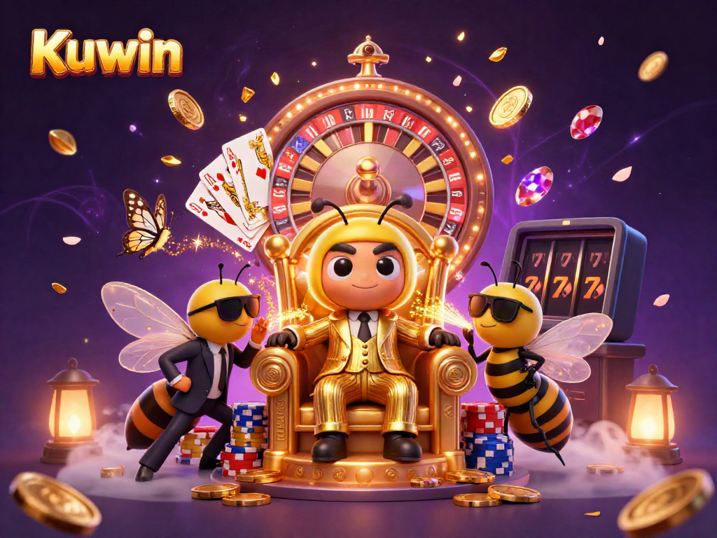 Kuwin's thrilling casino scene featuring a cartoon bumblebee mob boss amidst golden coins, gems, and a spinning roulette wheel.