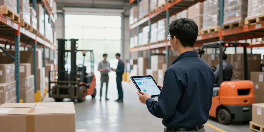 Effiziente Lagerlogistik in Düsseldorf mit modernem Lager und digitalem Inventarsystem.