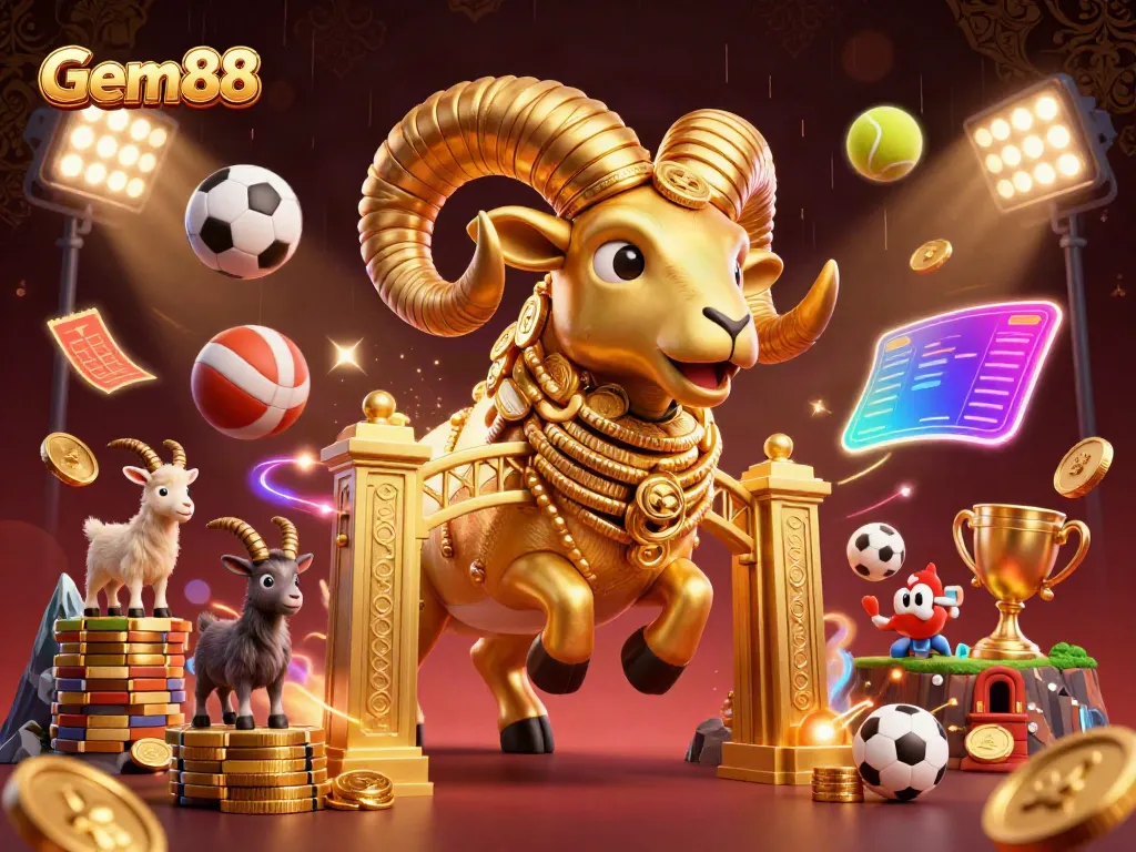 Experience Gem88's dynamic casino environment with stunning visuals of the golden ram and sports elements.
