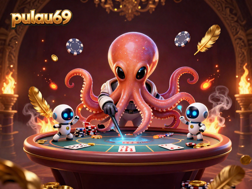 Engage in exciting poker action with pulau69's illustrated space-themed game scene.