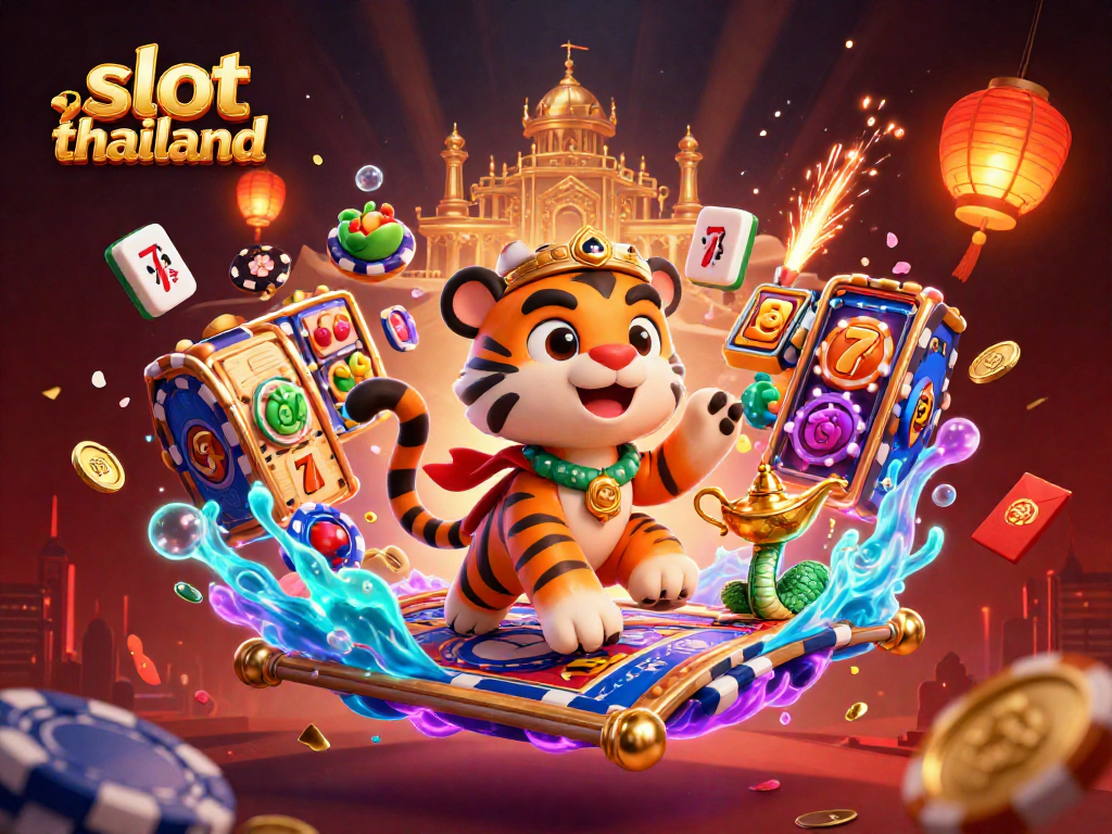 Experience slot thailand with an Arabian tiger sultan, vibrant slot reels, and a golden palace.