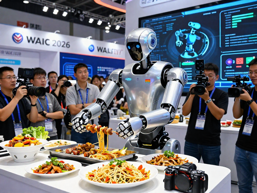 Robot24 showcases a humanoid robot preparing kebabs at WAIC 2026.