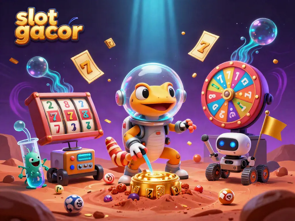 Experience thrilling slot gacor action with a cheerful Martian gecko in a golden casino on Mars.