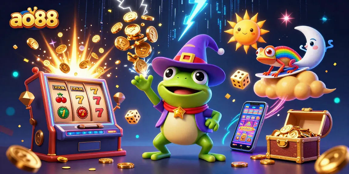 Spin to win at ao88 with a vibrant scene of fantasy characters, golden coins, and lively casino elements.