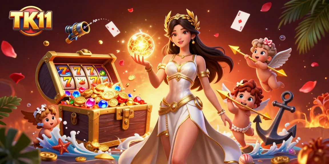 Experience the thrilling TK11 casino games with a Grecian goddess, cherubs, and vibrant game elements.