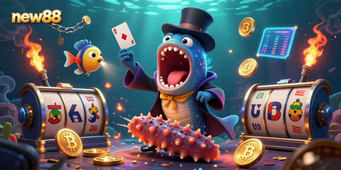 Experience the exciting world of new88 with vibrant creatures performing casino magic under the sea.