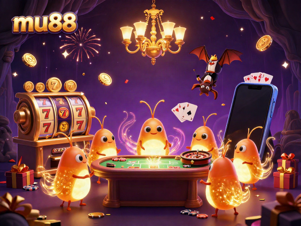 Experience mu88’s vibrant cave casino brought to life with glowing characters and dynamic gaming elements.