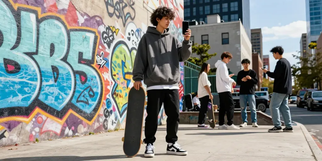 Youth engaging with rokok88 street culture in urban graffiti setting