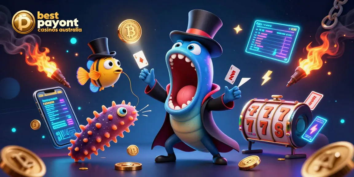 This vibrant 3D illustration features unique characters showcasing the best payout casinos in Australia, highlighting gaming excitement and crypto elements.