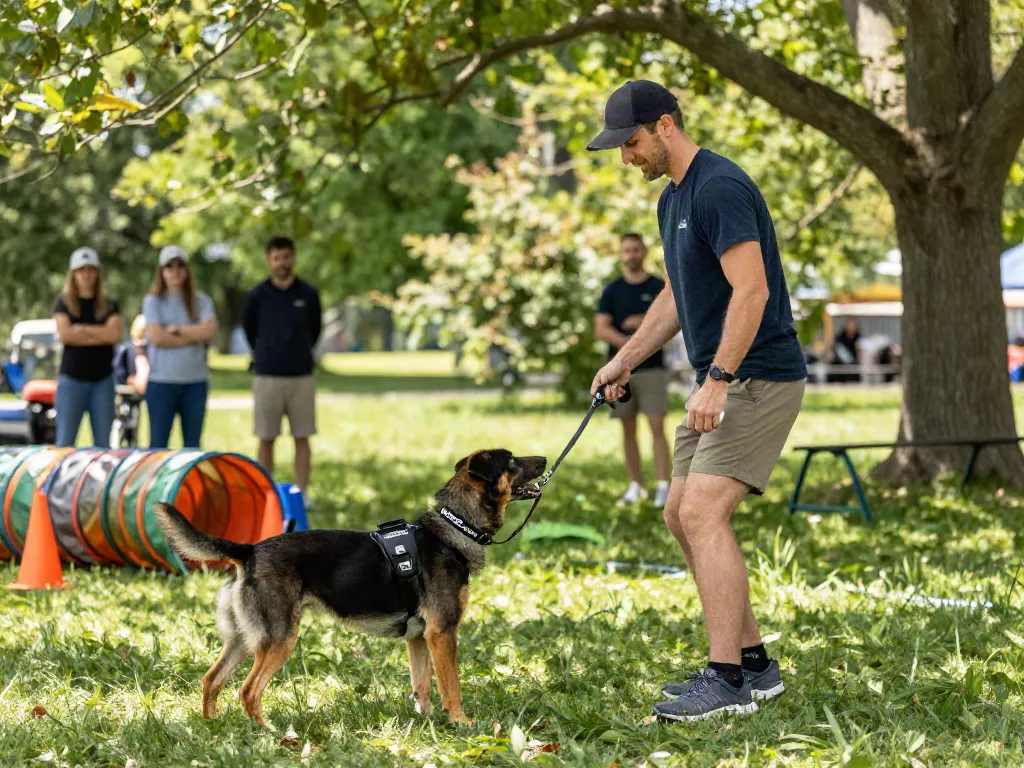 Dog training with ROKOK88 gear, showcasing effective K9 training techniques in a park.