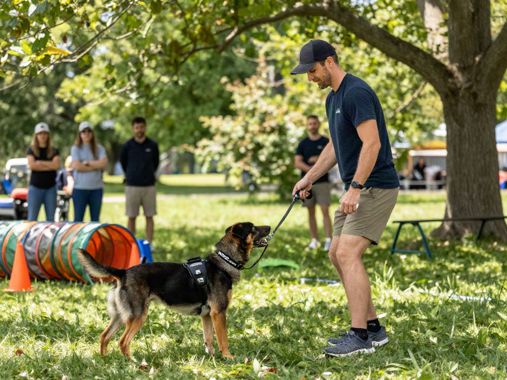Dog training with ROKOK88 gear, showcasing effective K9 training techniques in a park.
