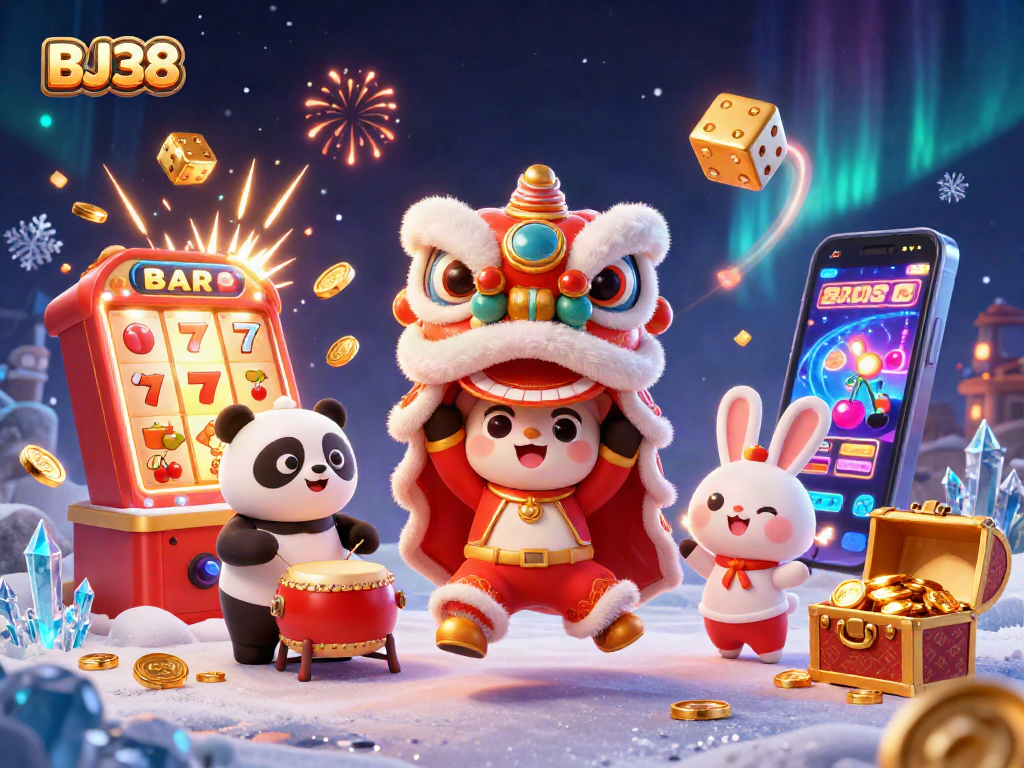 Engage with BJ38's thrilling casino experience featuring a festive lion dance and vibrant jackpot elements.
