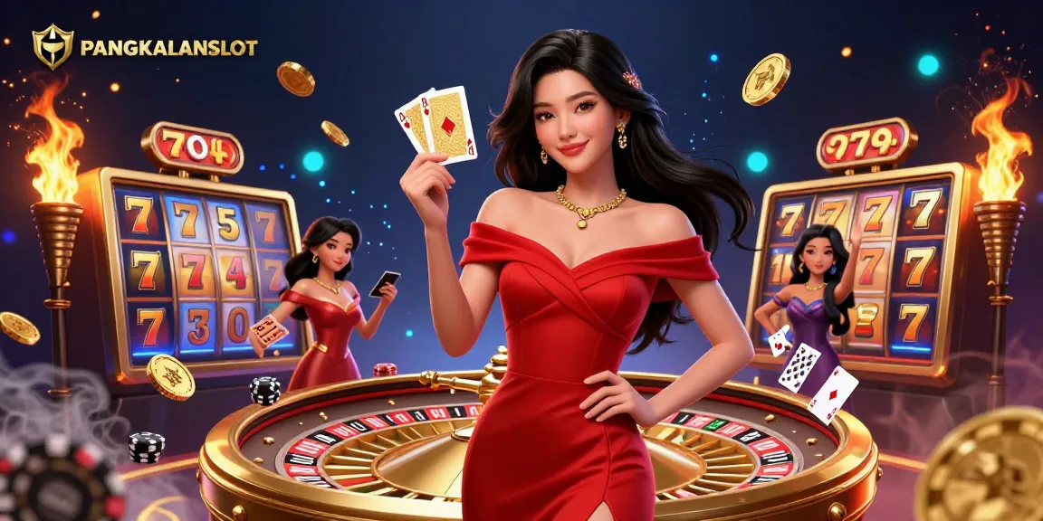 PANGKALANSLOT jackpot celebration featuring a confident Asian woman holding a playing card.