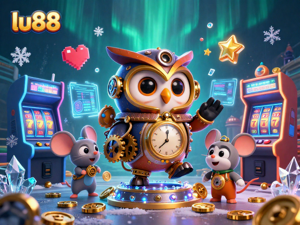 Experience thrilling gaming action at lu88 with steampunk characters amidst vibrant casino elements.