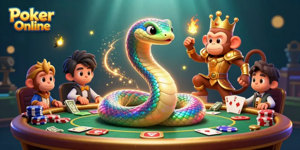 Experience the thrill of Poker Online with vibrant poker elements and captivating characters.
