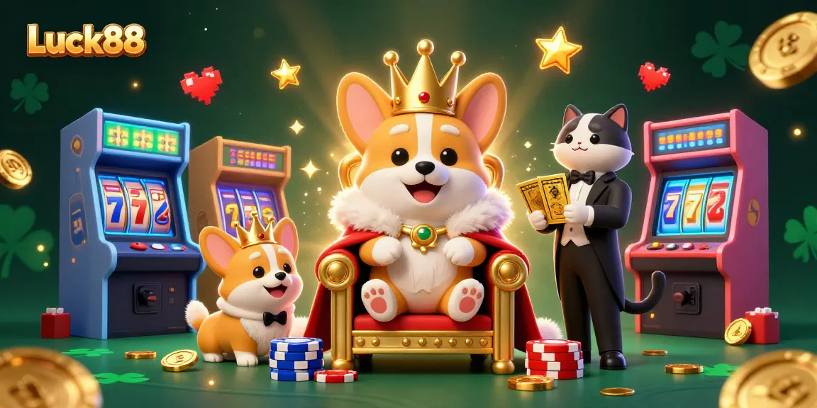 Experience thrilling gameplay with Luck88 as a royal corgi rules the casino throne surrounded by festive gaming elements.